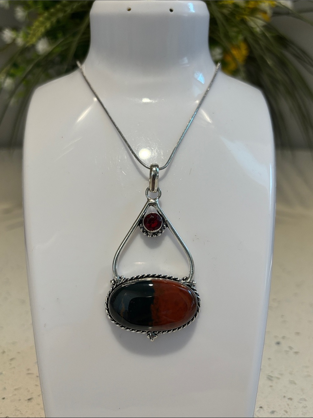 Sterling Bloodstone Garnet Gemstone Pendant Necklace